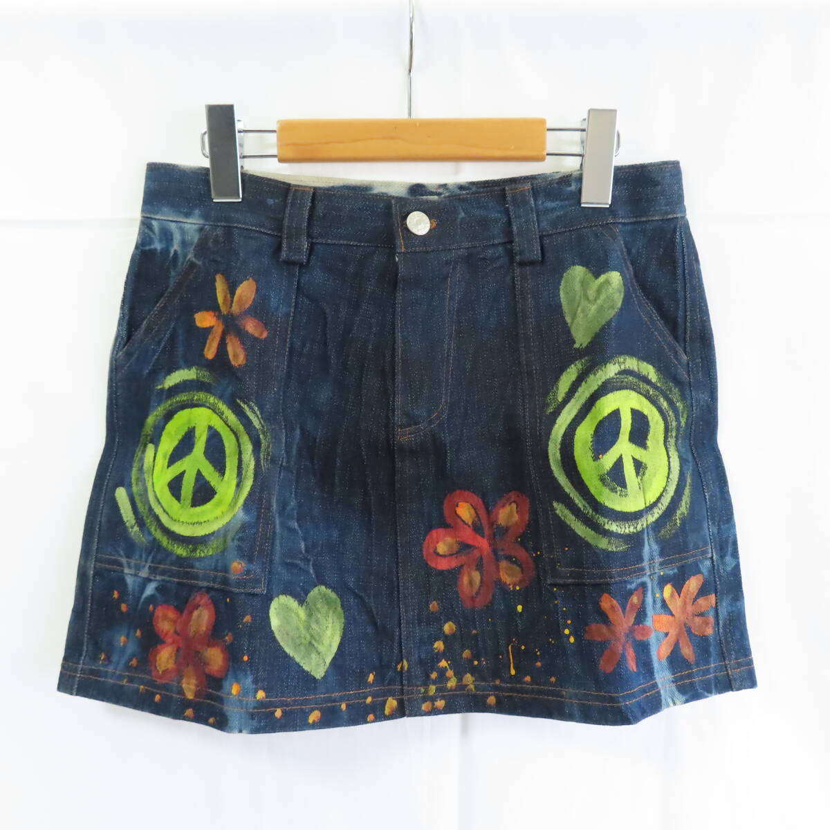 〓 新品 〓 ハンド ペイント デニム ミニスカート 〓 エスニック アジアン タイ ピース 花 ハート スカート おしゃれ 〓E700拍卖