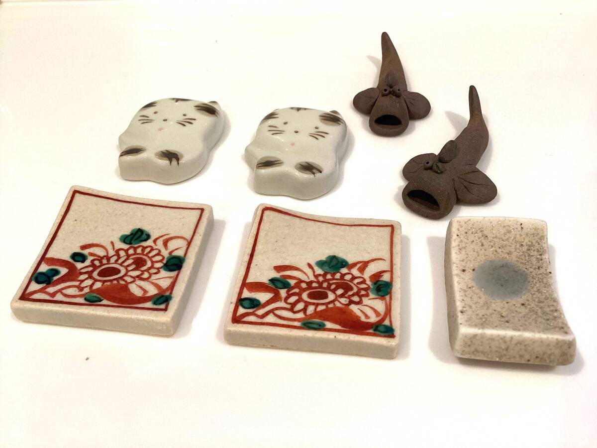 C5 未使用 箸置 いろいろ7個セット 花 ドジョウ 無地 猫 陶器 素焼き拍卖