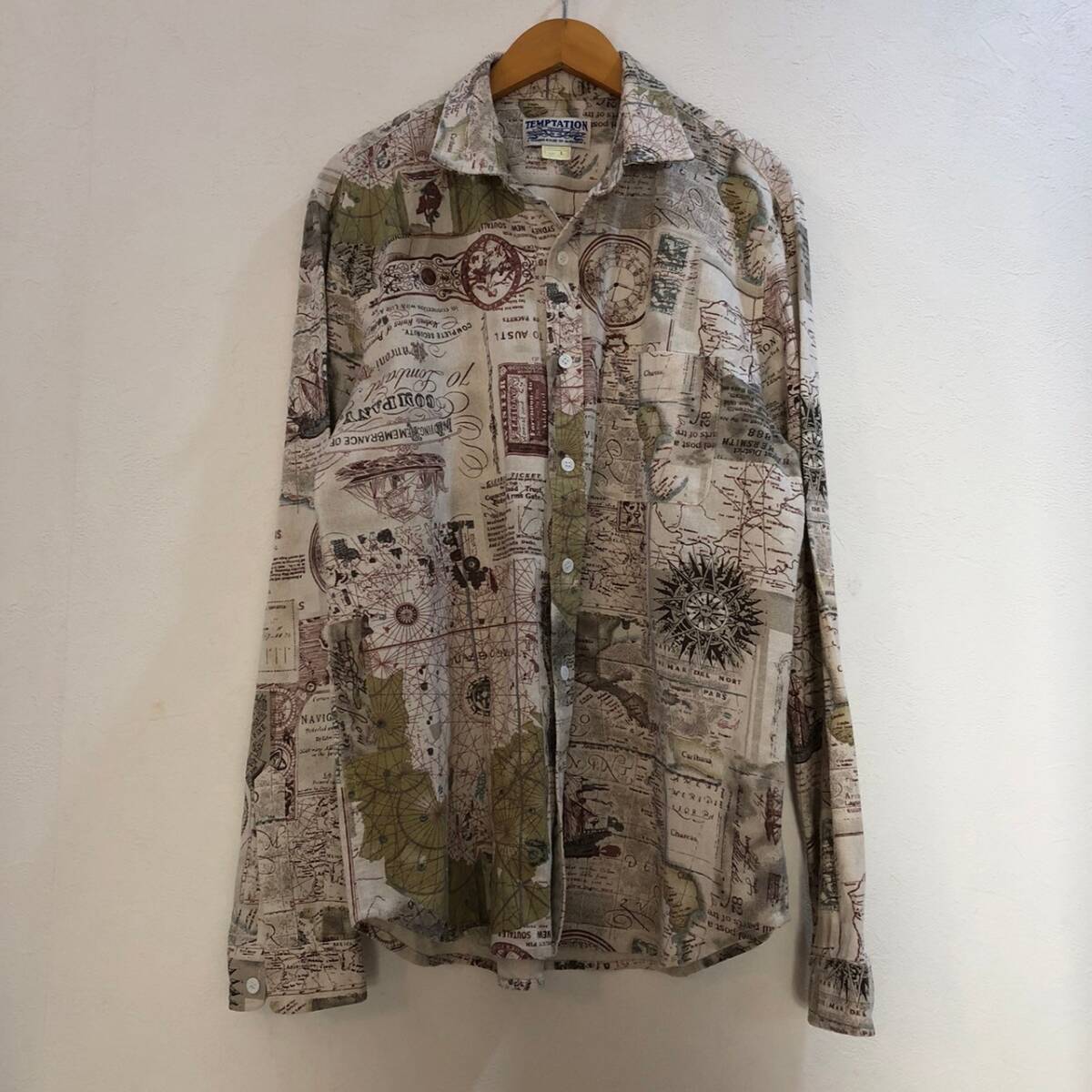 TEMPTATION/ 長袖 総柄 英字シャツ ベージュ ブラウン メンズ L拍卖