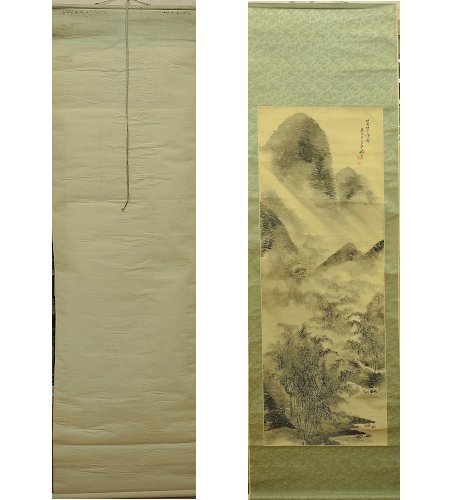 吉田鴻崖 日本画 萬竿煙雨 掛軸 鴻崖 絹に墨彩 獣骨軸先 中古 長野県の日本画家 物故 長野市真島生まれ Japanese Hanging Scroll拍卖