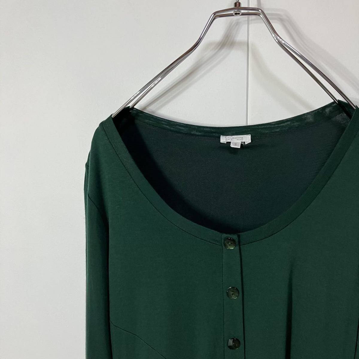 古着 ワントーン 切替 デザイン ボタン 天竺 裏地付き フレア 長袖 ひざ丈 ワンピース グリーン S拍卖