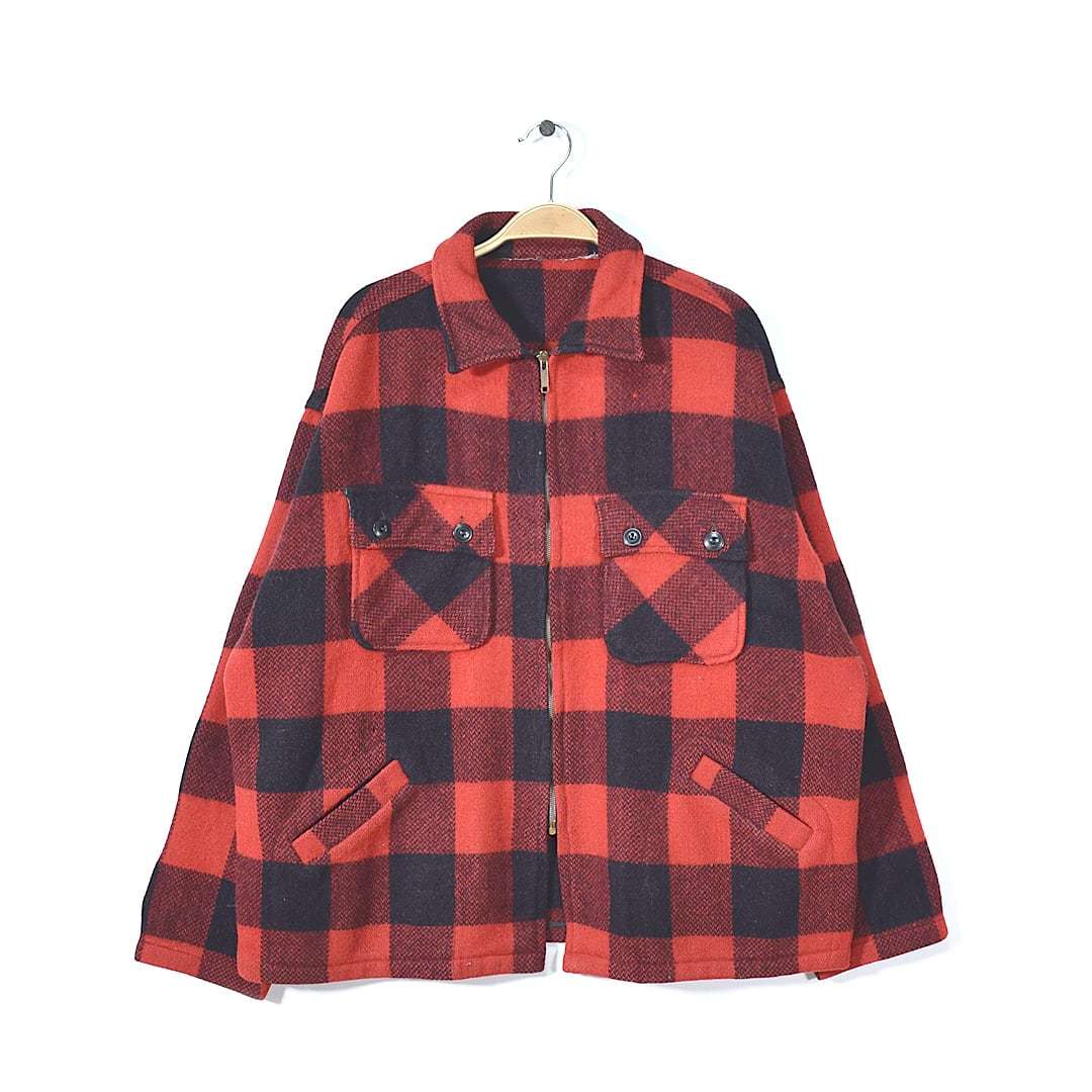 【送料無料】60s ヴィンテージ バッファローチェック ウールジャケット コーツ&クラークジップ スポジャケ サイズXL相当 古着 @DZ0525拍卖