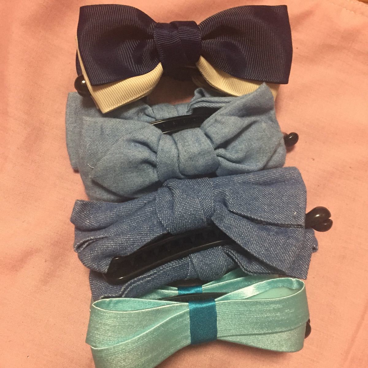 可愛いバナナクリップ4個セット ヘアアクセサリー ヘアクリップ リボン デニム ブルー拍卖