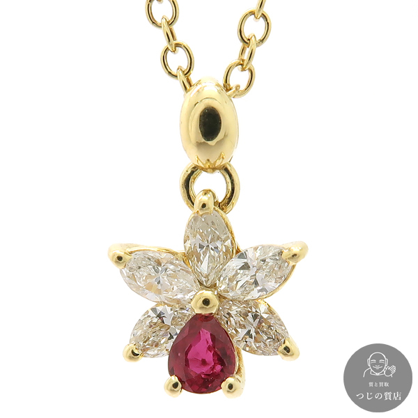 ルビー ダイヤモンド ネックレス 750 K18 イエローゴールド 3.7g SP ヴィンテージ ITALY 美品 仕上げ済 質屋m拍卖