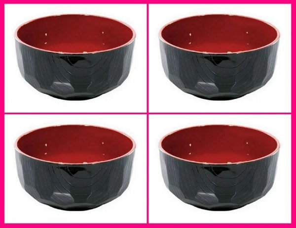 【どんぶり:丼:5個:会津塗:日本製】★亀甲中丼★12.8cm: 「黒内朱」:食器洗浄機対応:和食器 :No19a:D 4985 多用丼拍卖