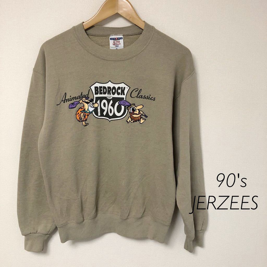 米国製 /90's /JERZEES ジャージーズ メンズS 長袖 スウェット トレーナー トップス プリント 刺繍 BEDROCK アメカジ USA古着 ヴィンテージ拍卖