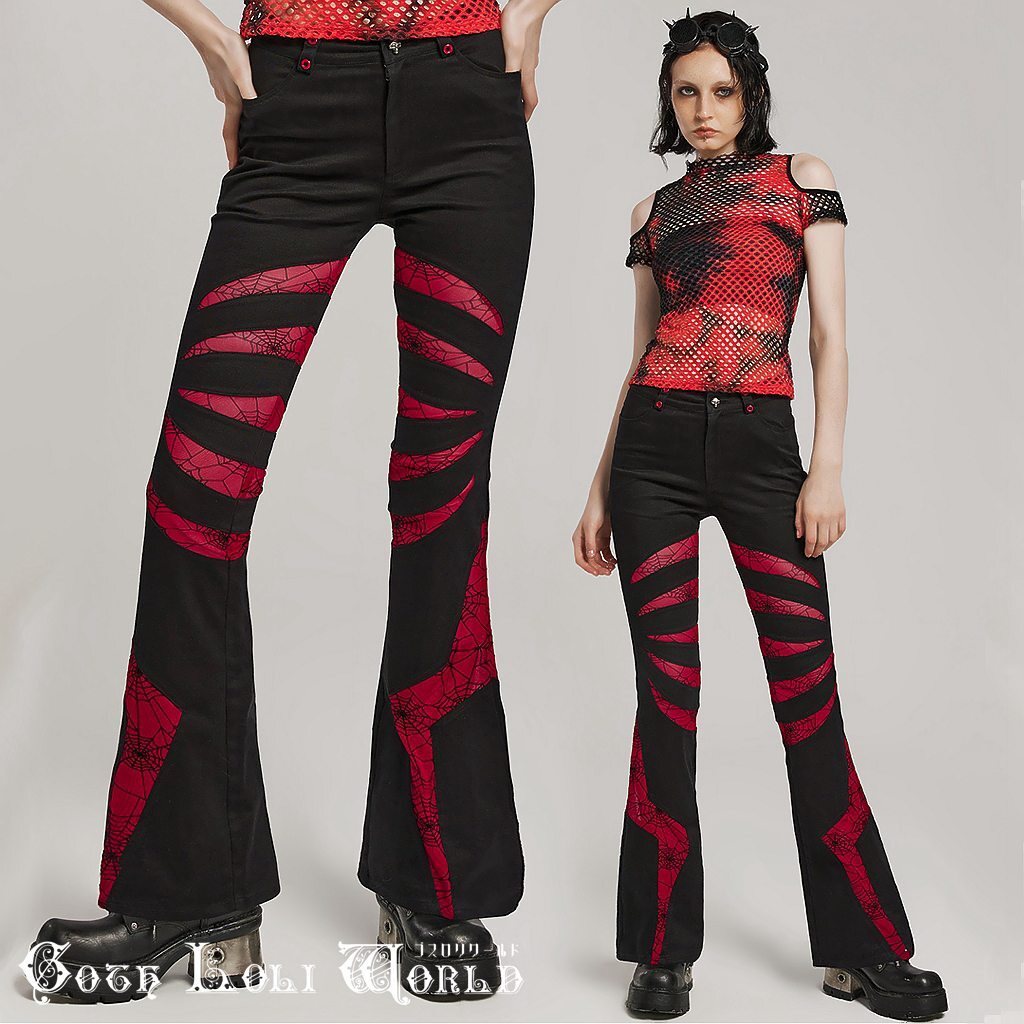 WK-595XCF-BK-RD-M シースルーカットアウトスパイダーウェブパンツ 赤色 ゴスロリワールド ゴシック パンク ロック ビジュアル系 V系拍卖