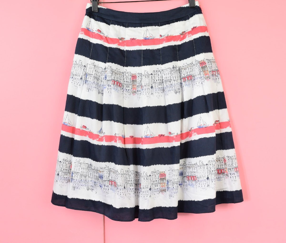 5000-NN00157★ローラアシュレイ 美品★ヨーロッパの風景画♪プリントスカート 7号 紺白ピンク LAURA ASHLEY拍卖