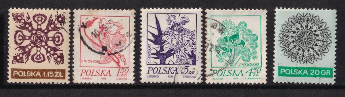 1970年前後/ポーランド/外国切手5枚セット/幾何学模様 タンポポ クローバー /1.15ZL 150ZL 3ZL 450ZL 20GR/POLSKA S.WYSP LANSKI拍卖