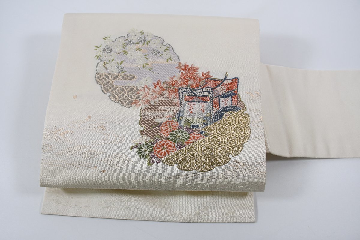 名古屋帯 御所車 花 帯丈360cm ★着物屋 ne-8233 桜庭呉服店拍卖