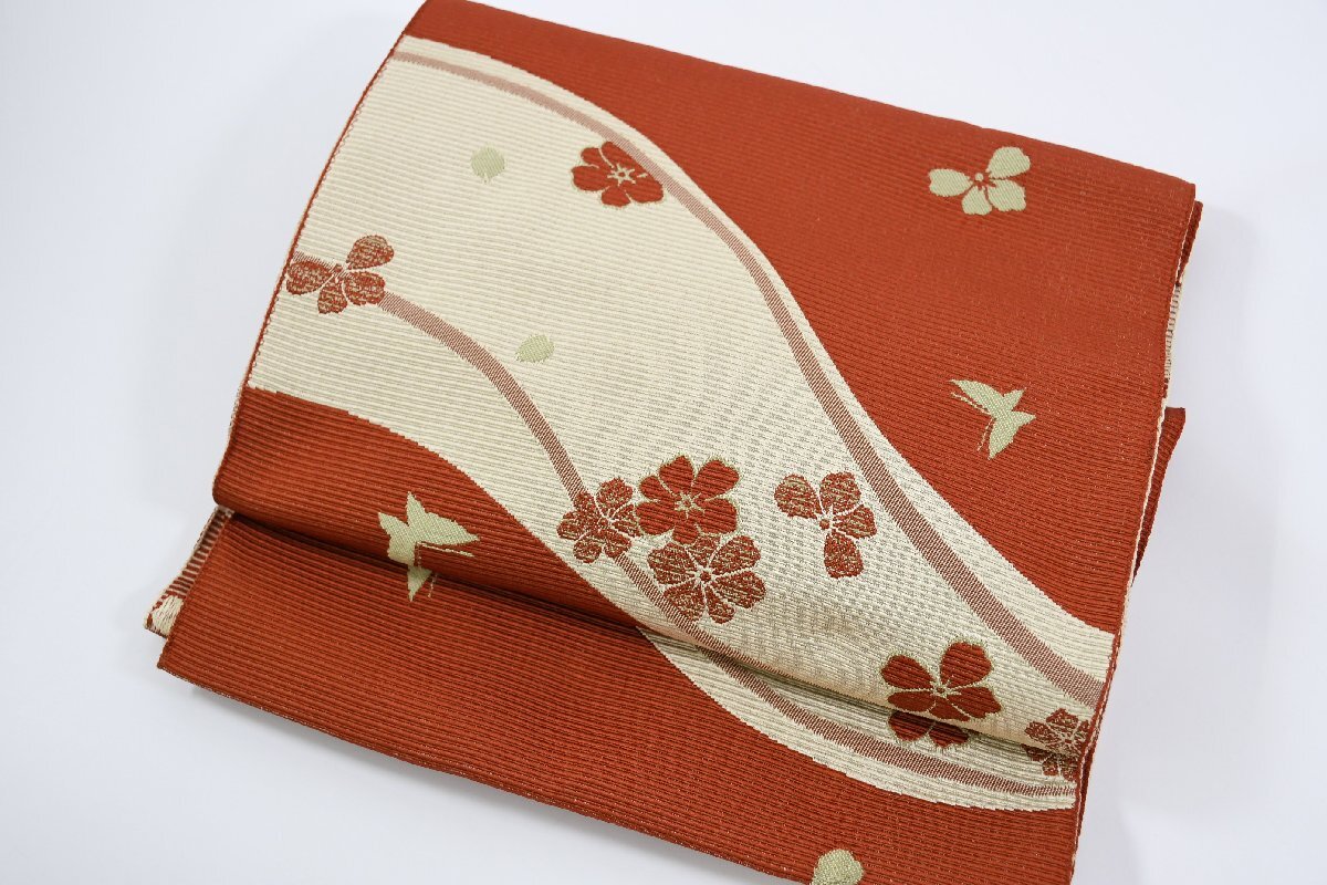 袋名古屋帯 流水 蝶々 花 帯丈368cm ★着物屋 ne-8474 桜庭呉服店拍卖