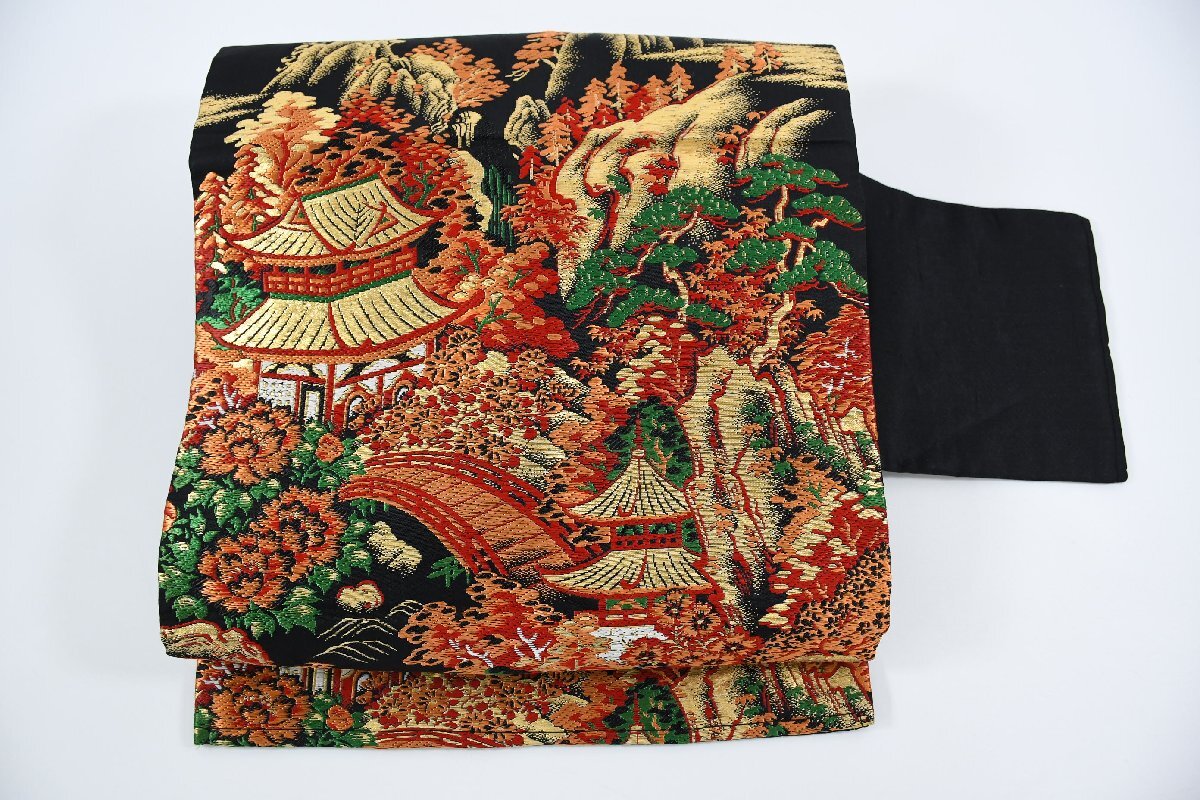 名古屋帯 アンティーク 京風景 自然文様 豪華 帯丈341cm ★着物屋 ne-8489 桜庭呉服店拍卖