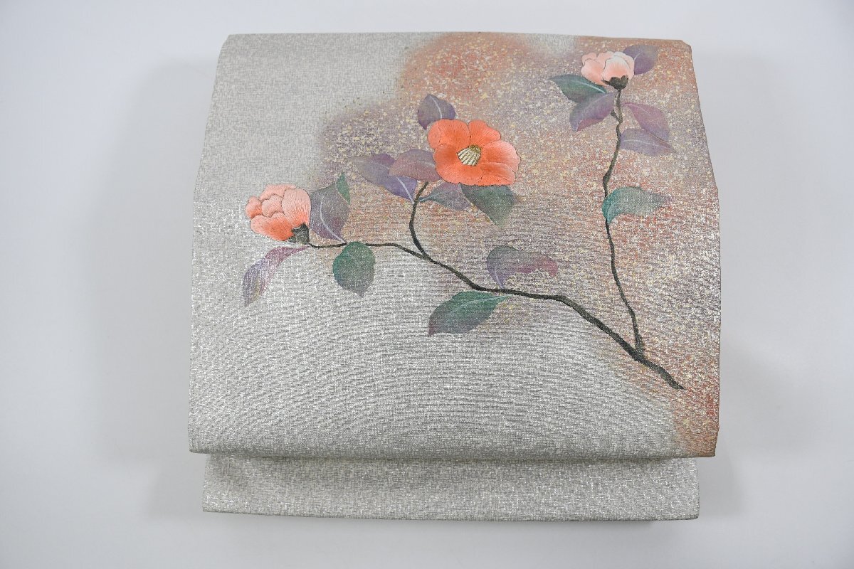 袋名古屋帯 お太鼓柄 刺繍 椿 帯丈342cm ★着物屋 ne-8677 桜庭呉服店拍卖