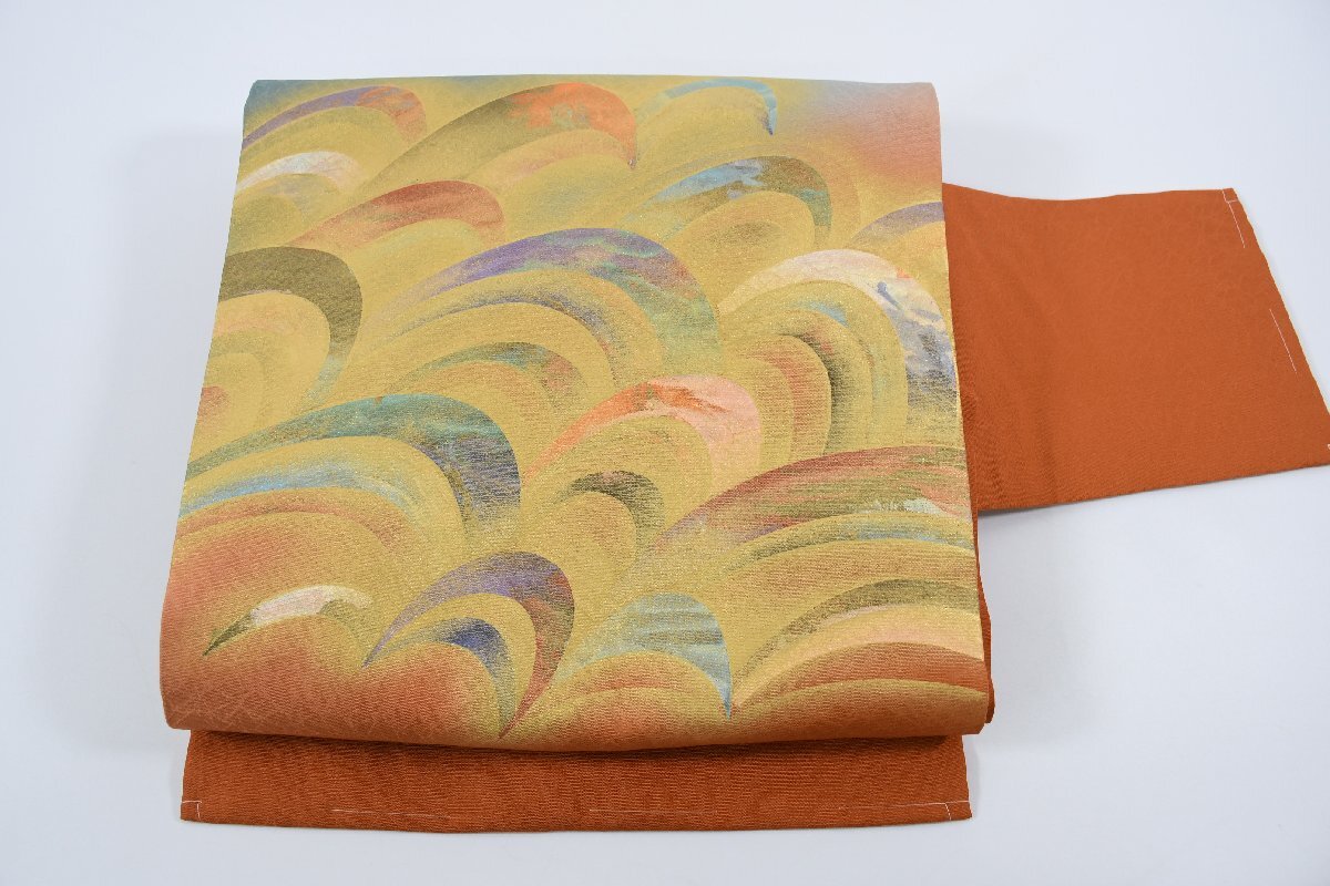 名古屋帯 手描き 波文 帯丈369cm ★着物屋 ne-8747 桜庭呉服店拍卖