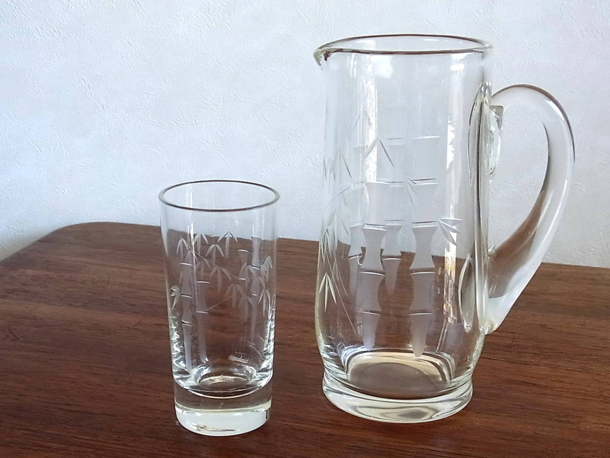 昭和レトロ 水差しとグラス ドリンクセット アンティーク品 切子デザイン 竹林 麦茶 アイスコーヒー拍卖