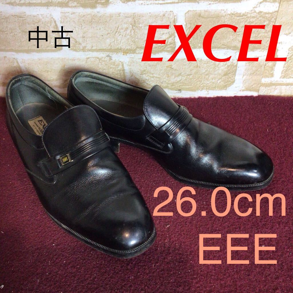 【売り切り!送料無料!】A-355 EXCEL!ビジネスシューズ!ローファー!黒!ブラック!26.0cm EEE!幅広!冠婚葬祭!中古!拍卖