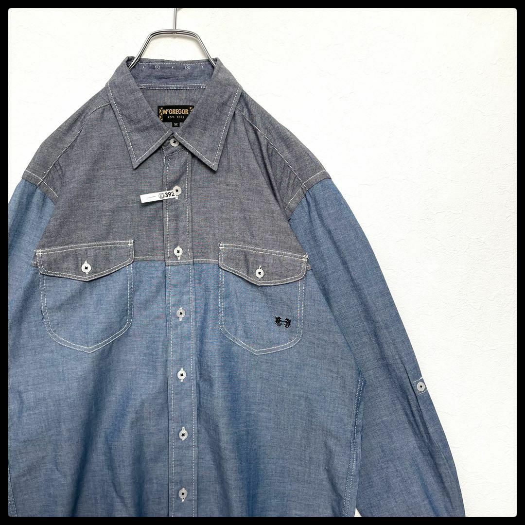 美品 マックレガー ポケット付 刺繍ロゴ 長袖ワークシャツ ブルー メンズ Mサイズ McGREGOR拍卖