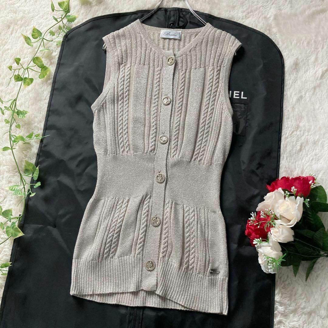 イタリア製 Bridea ricamo a mano 前開き ラメニットベスト ゴールド ラインストーン花ボタン 48サイズ拍卖