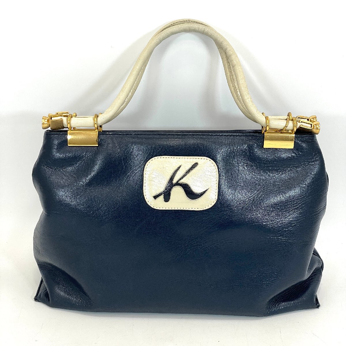 6983-80 Kitamura キタムラ ハンドバッグ レザー ポーチ付き レディース ネイビー系 × ホワイト系拍卖