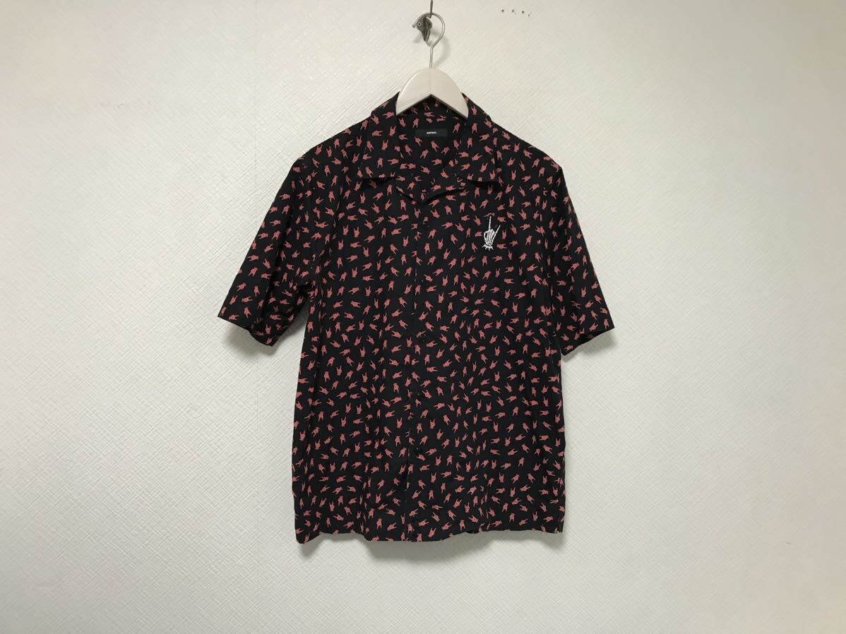 本物ディーゼルDIESELコットン半袖シャツメンズサーフアメカジミリタリースーツビジネスゴルフ黒ブラック柄インド製S拍卖