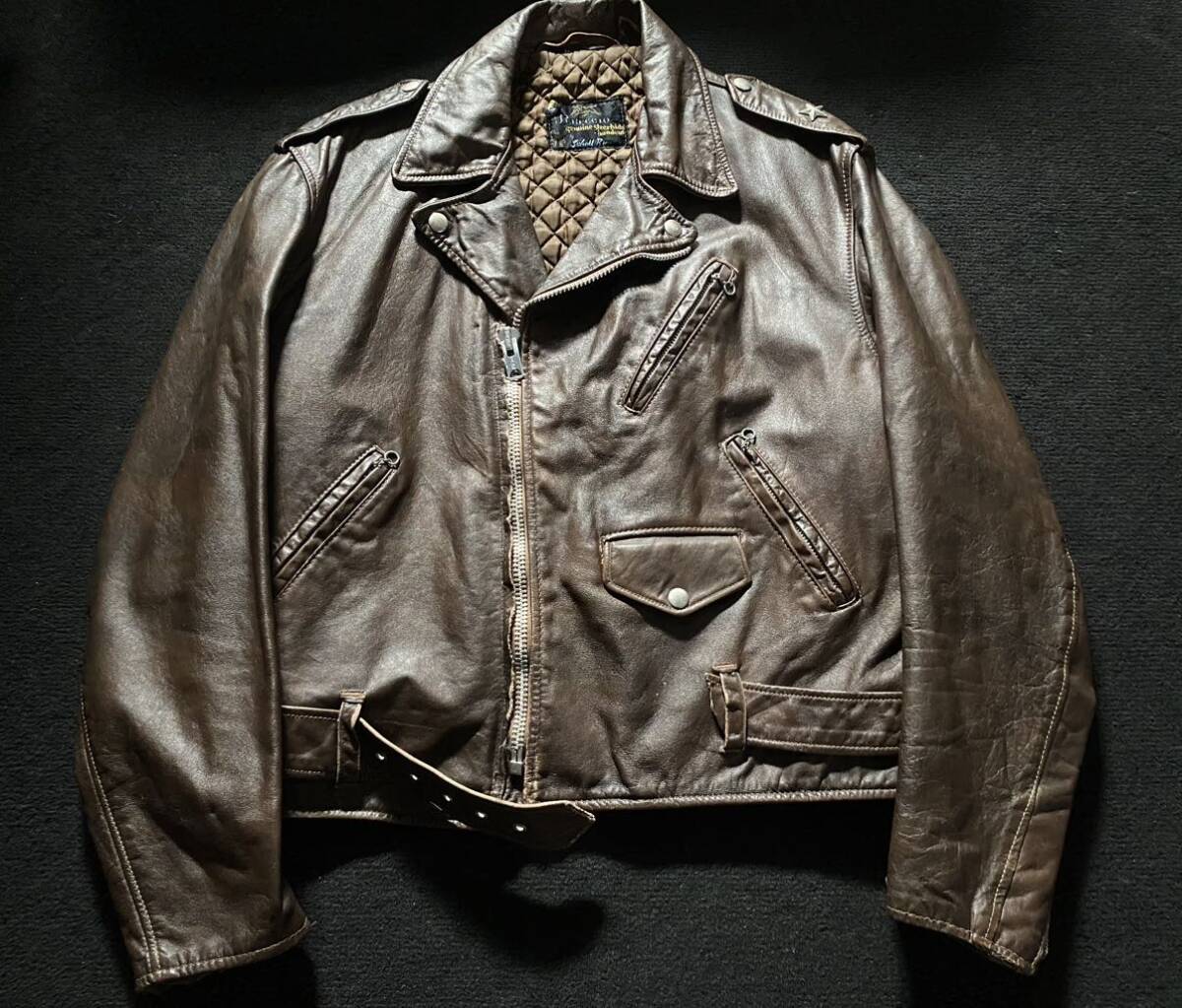 schott 50s ワンスター ライダース 希少ブラウン レザー ジャケット オリジナル ショット 40 42 着丈ロング パーツ欠損 黒タグ リペア用拍卖