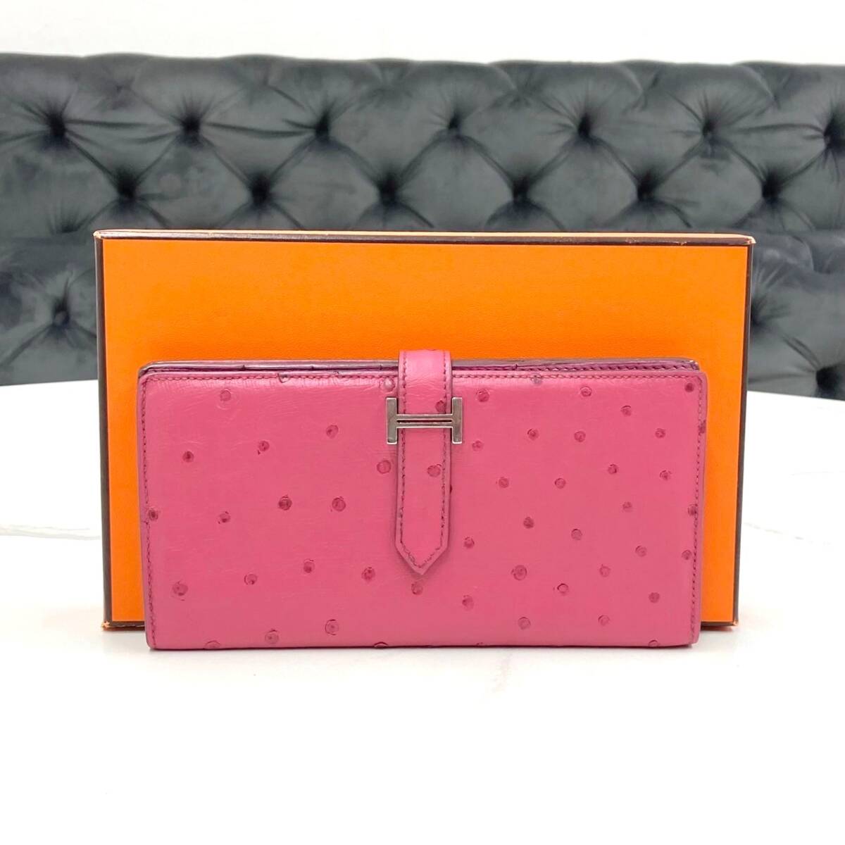 エルメス ベアンスフレ オーストリッチ フューシャピンク 長財布 □L刻印拍卖