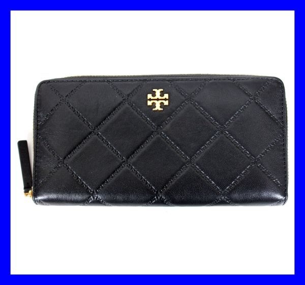 ●美品 トリ―バーチ TORY BURCH ラウンドファスナー長財布 キルティング柄型押しレザー ジップウォレット 革 ブラック 黒 男女兼用 Z3488拍卖