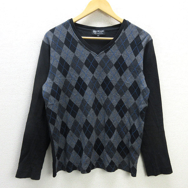 G■ビームス/BEAMS Vネック/ロンT カットソー アーガイル柄【S】黒/men's/62【中古】■拍卖