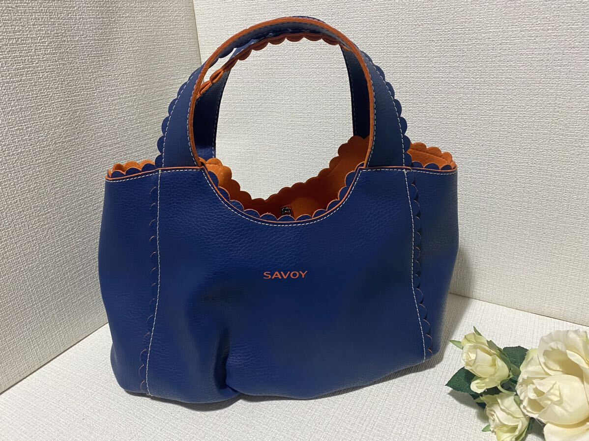 美品☆コロンと可愛い☆SAVOYサボイ合皮レザー&フェルトフリルカッティングデザインハンドバッグトートバッグネイビーオレンジバイカラー拍卖