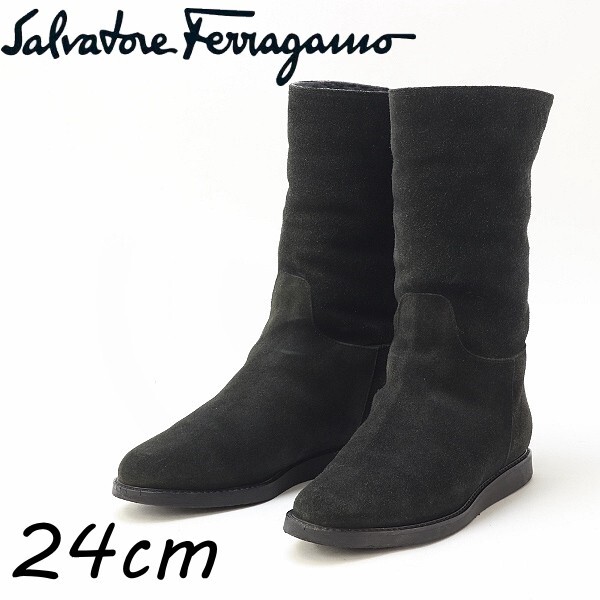 ◆My Ferragamo サルヴァトーレ フェラガモ ヴァラ シープスキン ムートン ブーツ 黒 ブラック 6 1/2拍卖