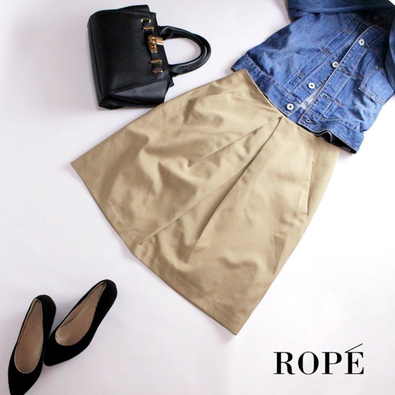美品 ROPE’ ロペ ■ 春 夏 コットン ポリエステル タックスカート Aライン フレアスカート 38 9号 ベージュ フォーマル ほんのり艶拍卖