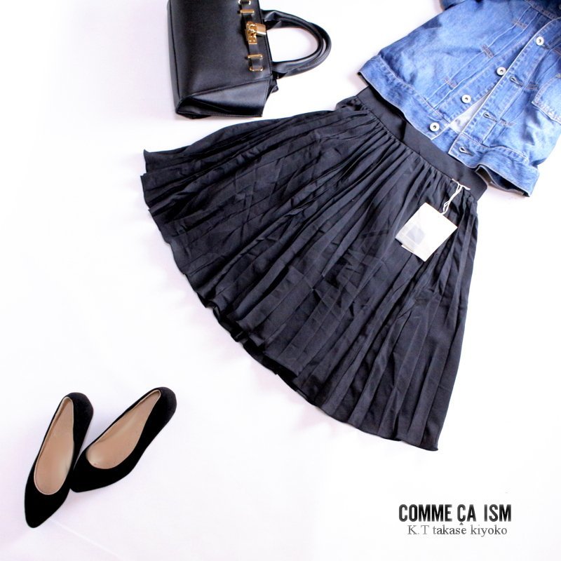 新品 未使用 コムサ K.T takase kiyoko キヨコタカセ 春 夏 ポリエステル 上品 艶 シフォン プリーツフレアスカート S 7号 ブラック 黒拍卖