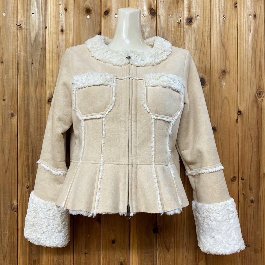 美品☆PINKHOUSE * ピンクハウス ◆ ふわふわ内ボア ノーカラージャケット ジャケット サイズM ベージュ 美ラインアウター スエード調拍卖