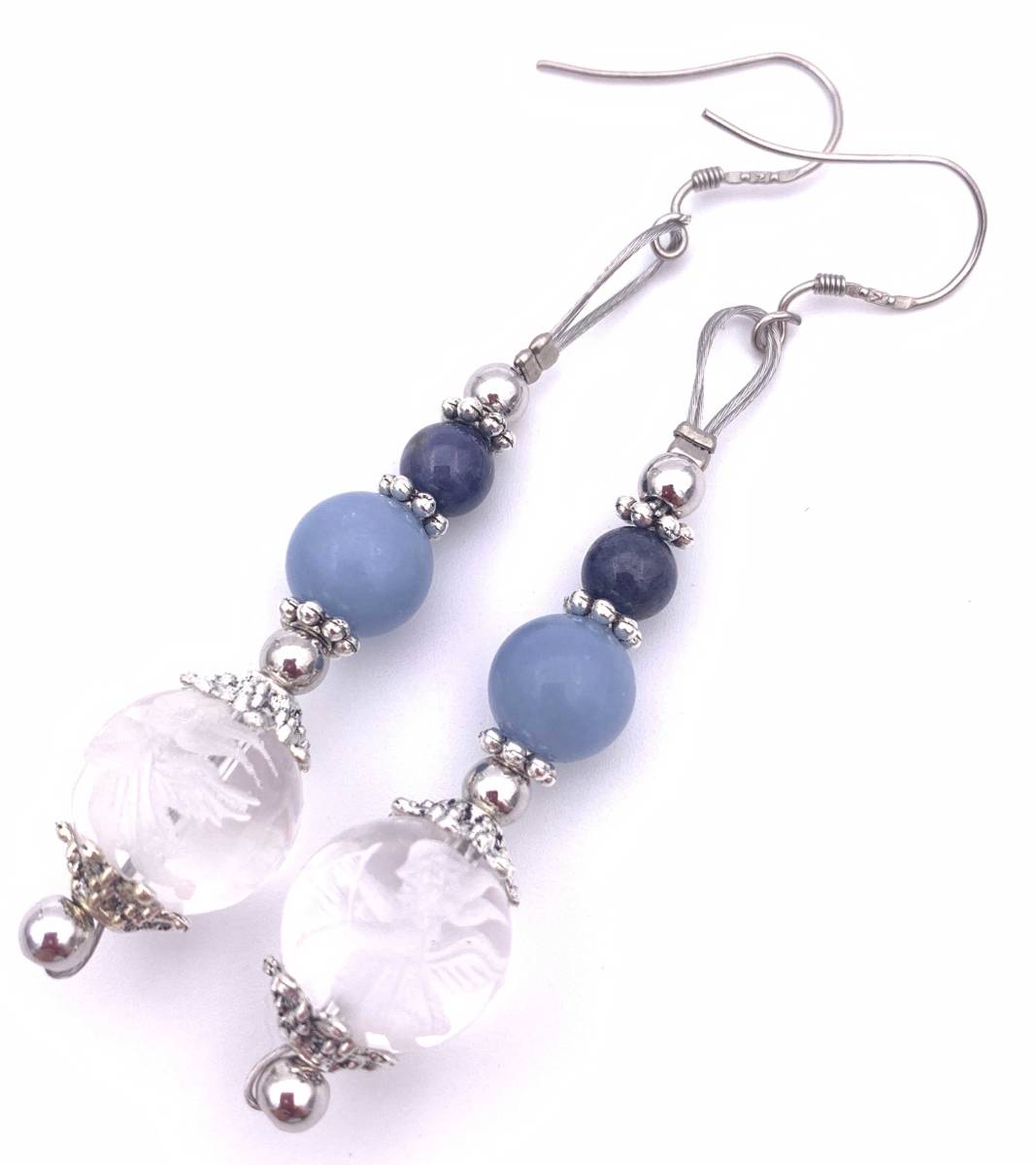 天然石彫り水晶☆弓持ち天使-エンジェル&サファイア&エンジェライトのピアス拍卖