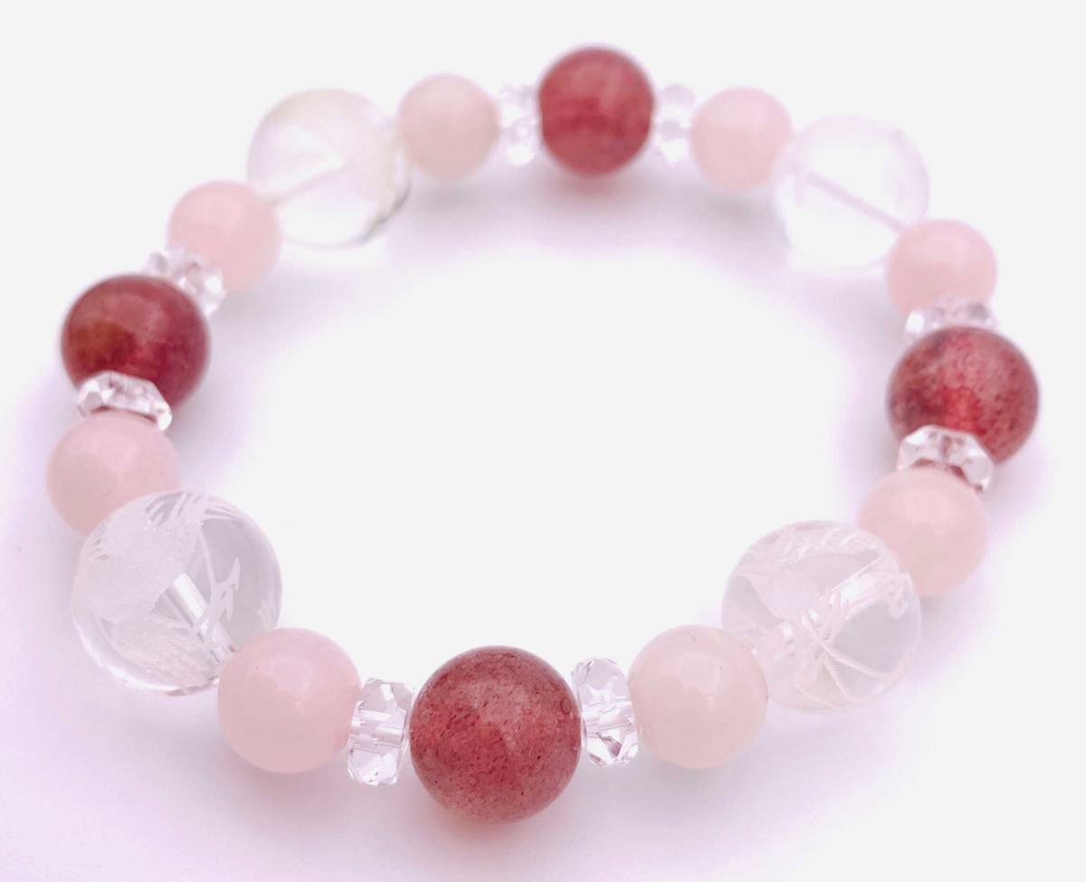風水四神!天然石彫り水晶&ストロベリークォーツ&ローズクォーツのブレスレット拍卖