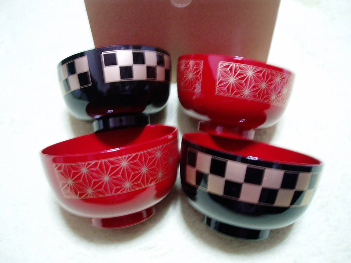 未使用!合成漆器 汁椀4個セット 和柄(市松模様/麻の葉模様)直径約10cm×高さ6cm拍卖