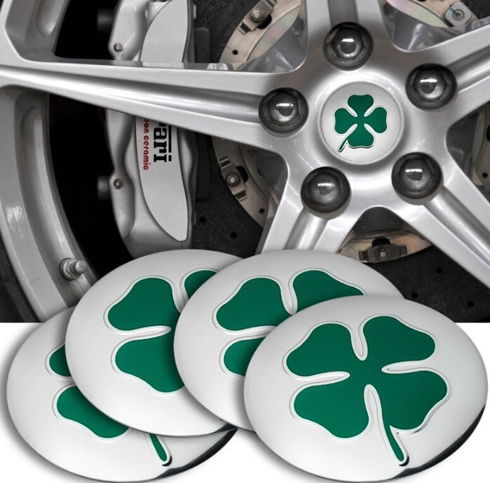 ALFA ROMEO Quadrifolio Silver 56mm 4つ ステッカー ホイールキャップ アルファ 4C ザガート 8C アルファブレラ ジュリエッタ拍卖