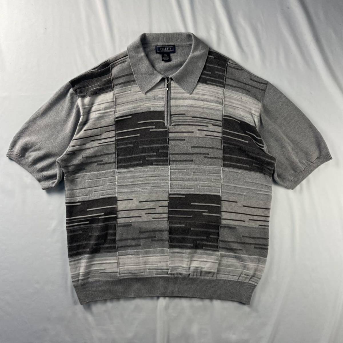 Vintage PELETTI モノトーン ハーフジップ クレイジーパターン 幾何学模様 アート ブロック レトロ デザイン サマーニット ニットポロ拍卖