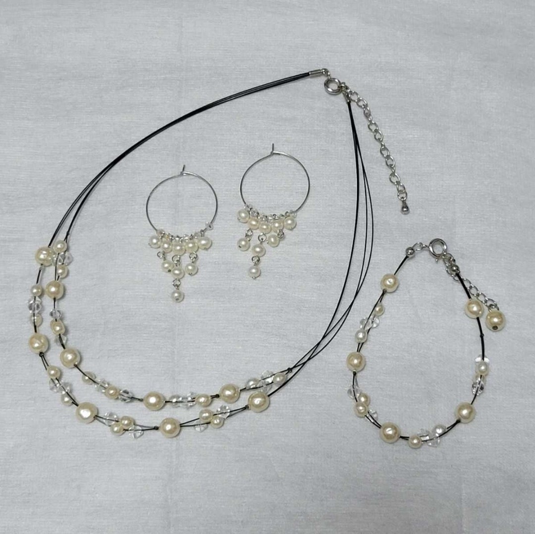【経年美品】パール/カットビーズチョーカー+ブレスレット+フープピアス3点セット 淡水パール風 ビジュー パーティー 結婚式 フォーマル拍卖