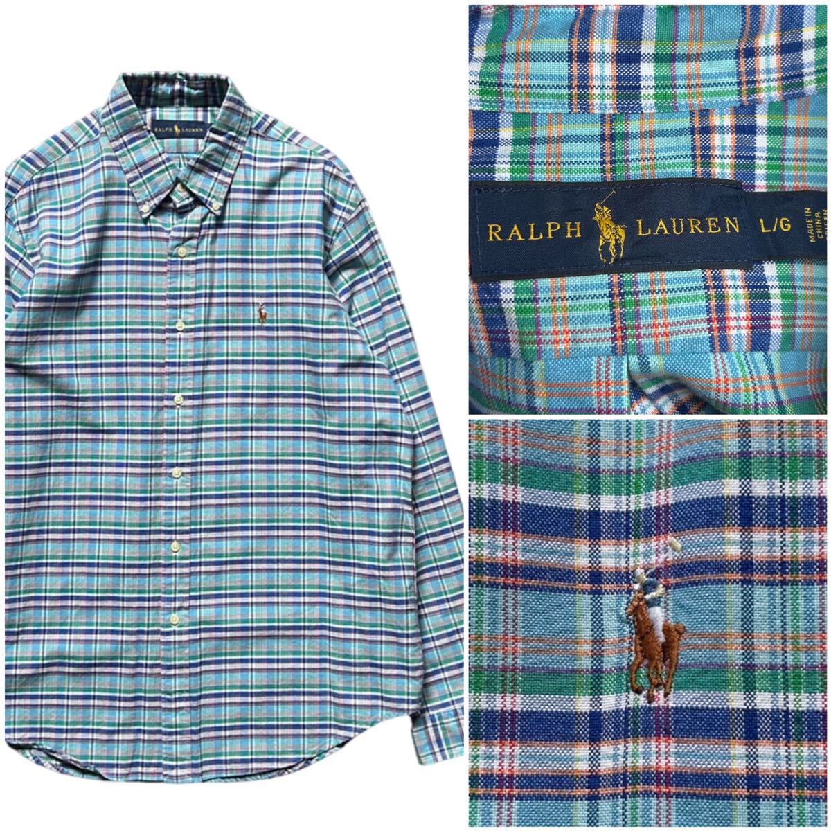 Polo Ralph Lauren ポロ ラルフローレン 長袖 チェックシャツ 青 ブルー Lサイズ オックスフォード コットン ポニー 刺繍 ボタンダウン拍卖
