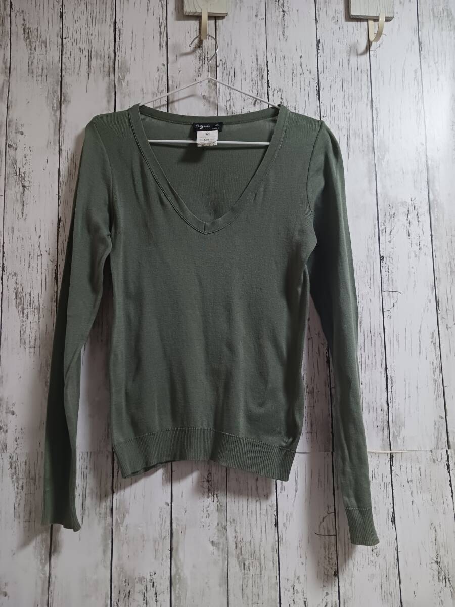 ★10%OFF★送料無料★agnes b.★Vネックカットソー/カーキ/2/アニエスベー/レディース/USED拍卖