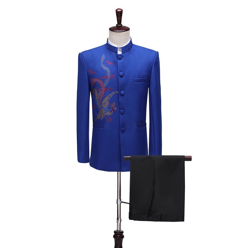 GS10c storelj新品メンズ 中山服 学生服ストーン 鳳凰+青 上下セット カラオケ大会 ブルゾン 宮廷S M L-3XL演歌 歌手衣装舞台演奏会拍卖