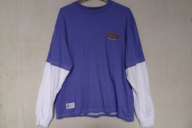 VISION STREET WEAR/長袖レイヤードTシャツ/ロンT/カットソー/重ね着風/ワッペン風ししゅう/カジュアル/ラベンダー/白/Mサイズ(3/18R)拍卖