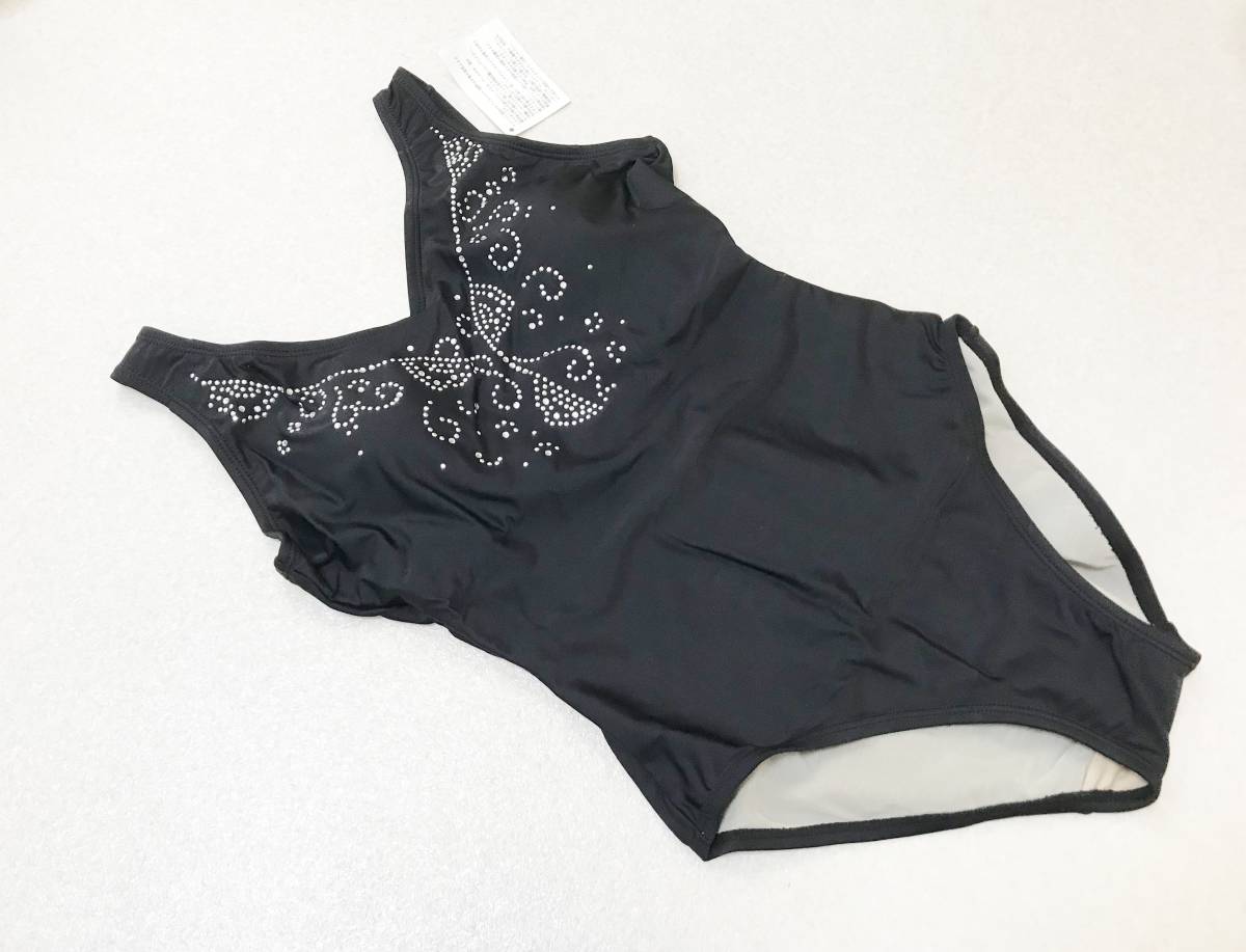 ●水着 M●胸元キラキララインストーン飾り・総裏地・お腹補正ワンピース水着:ブラック拍卖