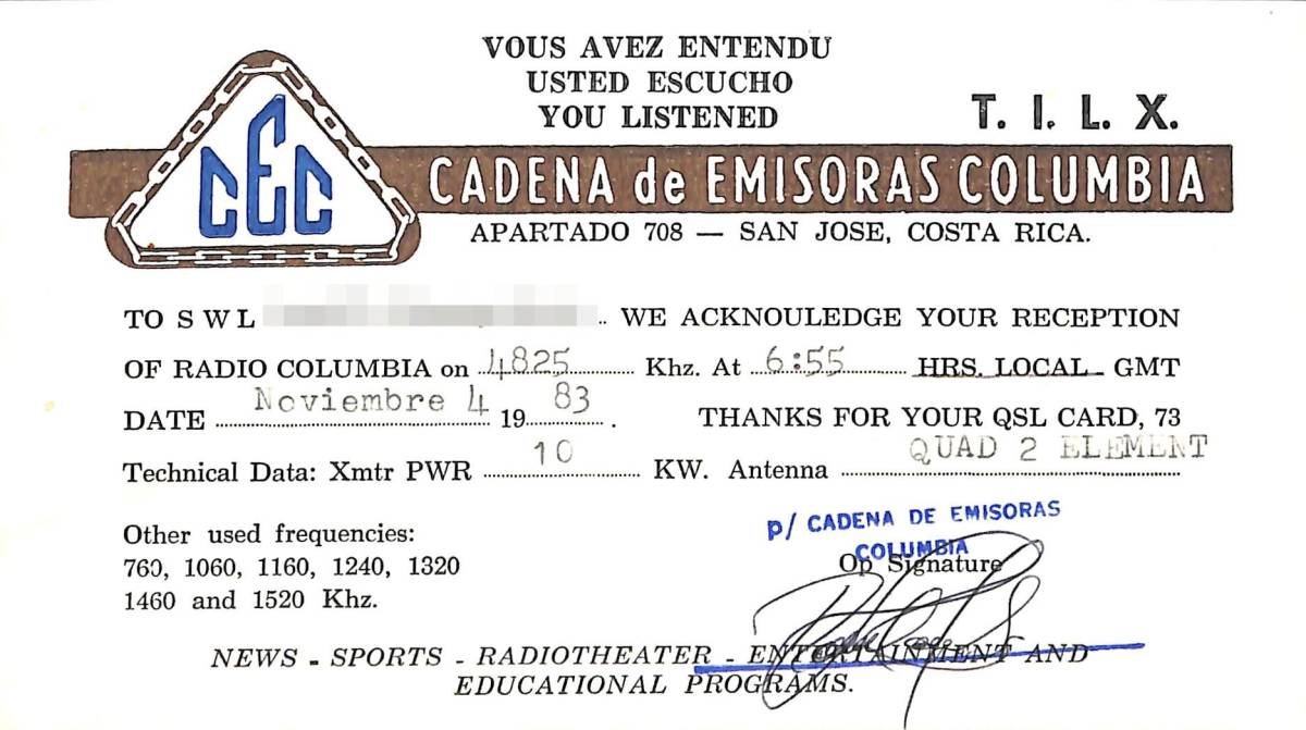 BCL★難局★入手困難★希少ベリカード★TILX★CEC放送★CADENA de EMISORAS COLUMBIA★中米★コスタリカ★1983年拍卖