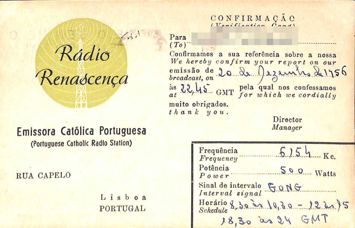 BCL★難局★入手困難★希少ベリカード★ラジオ・レナセンカ★RADIO RENASCENCA★ポルトガル★1959年拍卖