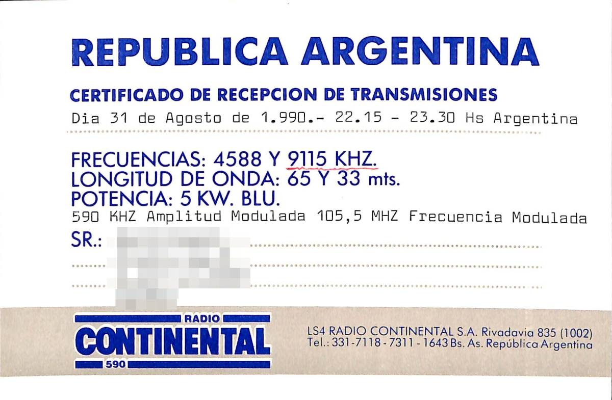 BCL★難局★入手困難★希少ベリカード★ラジオ・コンンチネンタル★RADIO CONTINENTAL★南米★アルゼンチン★1990年拍卖