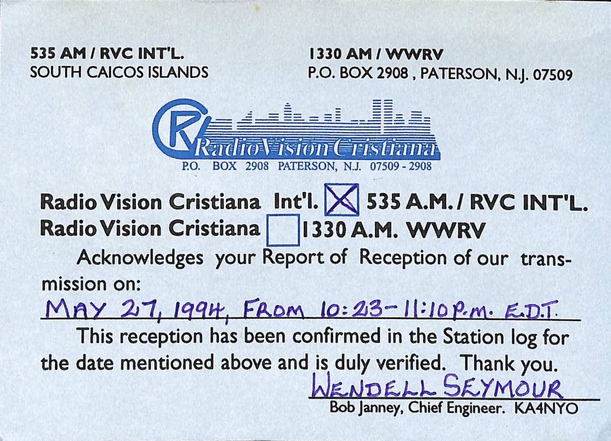 BCL★入手困難★希少ベリカード★RVC★ラジオ・ビジョン・クリスティーナ★Radio Vision Cristiana★南カイコス諸島★西インド諸島★1994年拍卖
