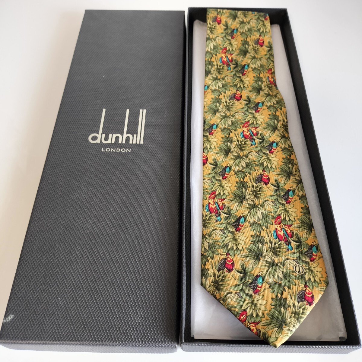 ダンヒル(Dunhill)緑葉っぱ派手鳥Dロゴネクタイ拍卖