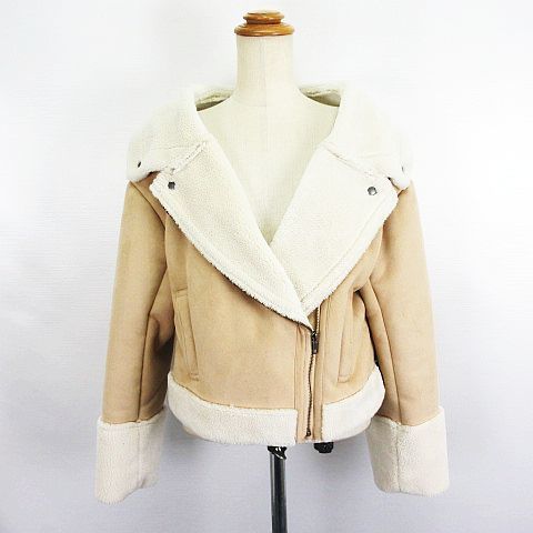 ヘザー Heather ライダースジャケット 長袖 ショート丈 ムートン調 ストレッチ F ベージュ ※EKM レディース拍卖
